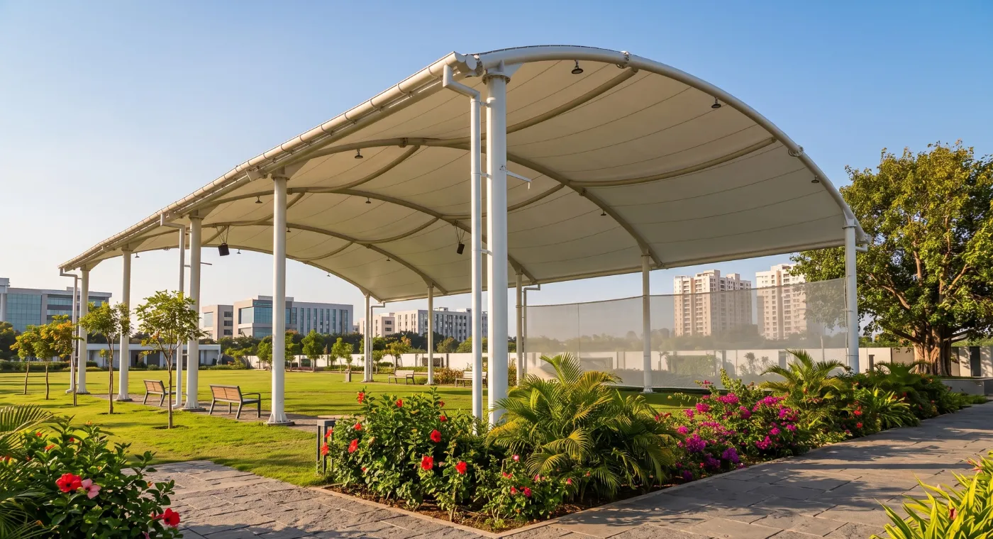 Tensile fabric and cable roof structure